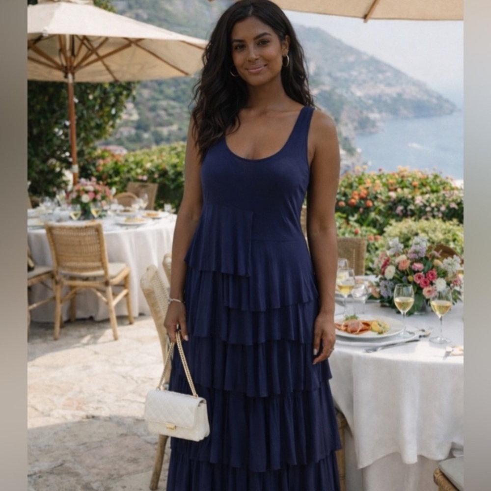 Style & Co Sleeveless Navy Tiered Ruffle Maxi Dress